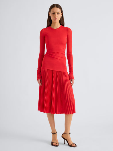 Proenza Schouler Front full length image of model wearing Rina Dress in Textured Sheer Jersey in Poppy