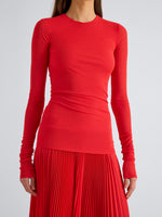 Proenza Schouler Detail image of model wearing Rina Dress in Textured Sheer Jersey in Poppy