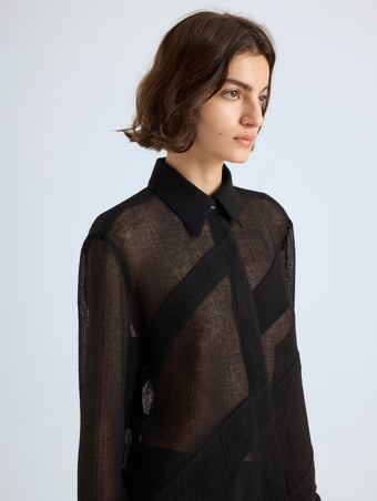 Proenza Schouler Detail image of model wearing Amber Top in Crinkle Gauze in Black
