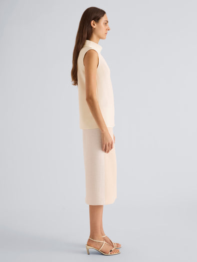Proenza Schouler Side full length image of model wearing Gwen Top in Matte Double Crepe in Ecru
