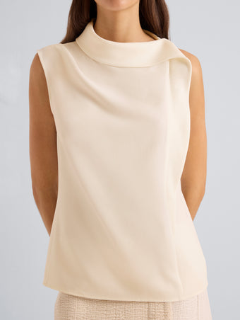 Proenza Schouler Detail image of model wearing Gwen Top in Matte Double Crepe in Ecru