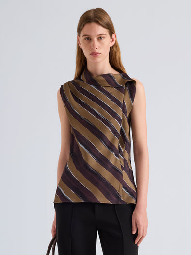 Proenza Schouler Front cropped image of model wearing Gwen Top in Printed Crepe Twill in Bronze Multi