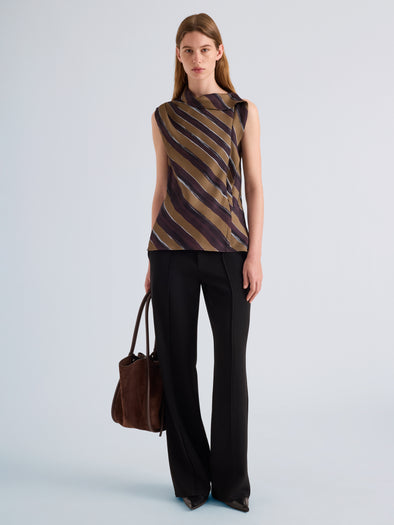 Proenza Schouler Front full length image of model wearing Gwen Top in Printed Crepe Twill in Bronze Multi