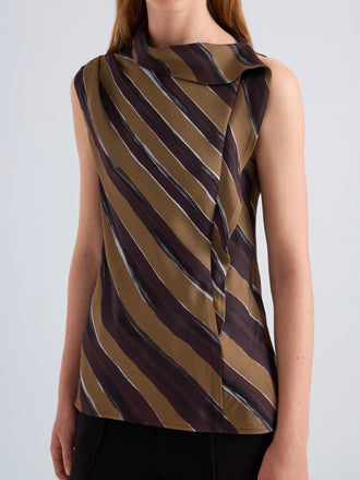 Proenza Schouler Detail image of model wearing Gwen Top in Printed Crepe Twill in Bronze Multi