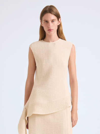 Proenza Schouler Front cropped image of model wearing Lorna Top in Striated Suiting in Ecru