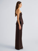 Proenza Schouler Side full length image of model wearing Margot Top in Viscose Satin in Coffee