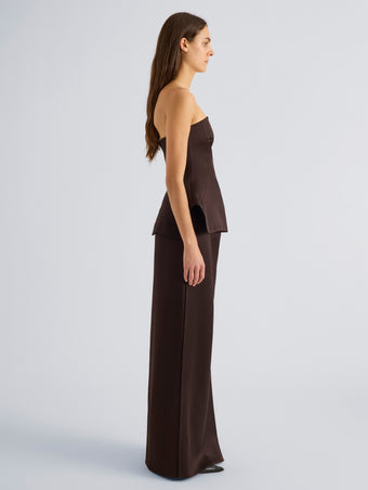 Proenza Schouler Side full length image of model wearing Margot Top in Viscose Satin in Coffee