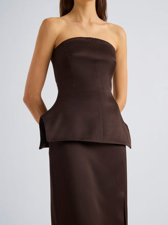 Proenza Schouler Detail image of model wearing Margot Top in Viscose Satin in Coffee