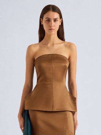 Proenza Schouler Front cropped image of model wearing Margot Top in Viscose Satin in Bronze
