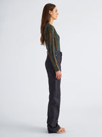 Proenza Schouler Side full length image of model wearing Mia Top in Printed Tissue Jersey in Black Multi