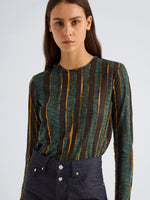 Proenza Schouler Detail image of model wearing Mia Top in Printed Tissue Jersey in Black Multi
