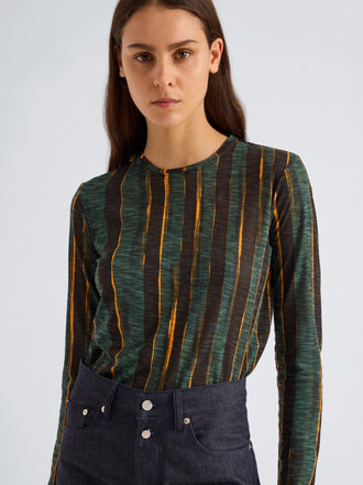 Proenza Schouler Detail image of model wearing Mia Top in Printed Tissue Jersey in Black Multi