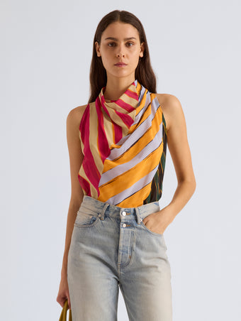 Proenza Schouler Front cropped image of model wearing Zaha Top in Printed Stretch Silk Georgette in Stripe Multi