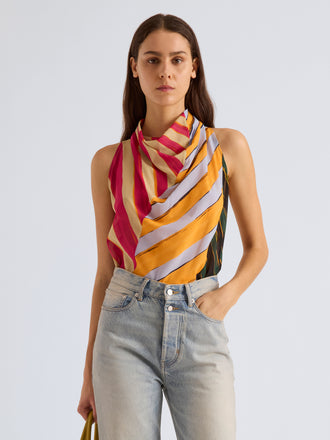 Proenza Schouler Front cropped image of model wearing Zaha Top in Printed Stretch Silk Georgette in Stripe Multi