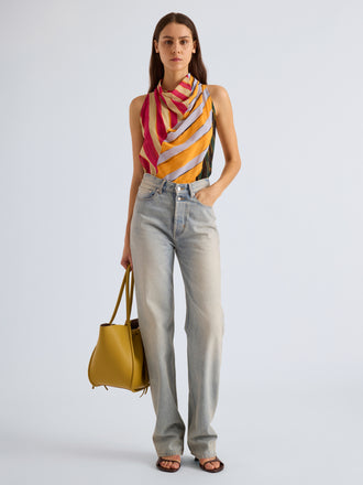 Proenza Schouler Front full length image of model wearing Zaha Top in Printed Stretch Silk Georgette in Stripe Multi