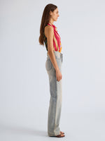 Proenza Schouler Side full length image of model wearing Zaha Top in Printed Stretch Silk Georgette in Stripe Multi