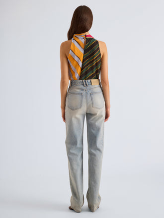 Proenza Schouler Back full length image of model wearing Zaha Top in Printed Stretch Silk Georgette in Stripe Multi
