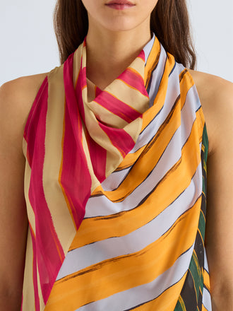 Proenza Schouler Detail image of model wearing Zaha Top in Printed Stretch Silk Georgette in Stripe Multi
