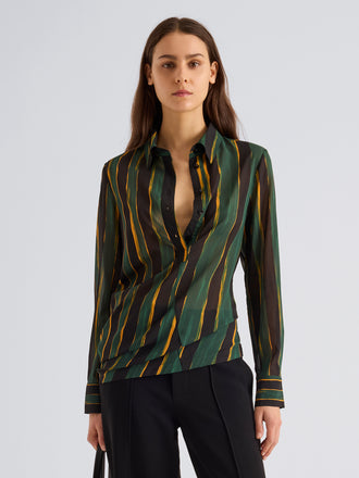 Proenza Schouler Front cropped image of model wearing Meret Top in Printed Stretch Silk Georgette in Black Multi