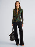 Proenza Schouler Front full length image of model wearing Meret Top in Printed Stretch Silk Georgette in Black Multi