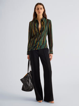 Proenza Schouler Front full length image of model wearing Meret Top in Printed Stretch Silk Georgette in Black Multi
