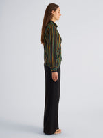 Proenza Schouler Side full length image of model wearing Meret Top in Printed Stretch Silk Georgette in Black Multi