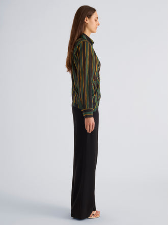 Proenza Schouler Side full length image of model wearing Meret Top in Printed Stretch Silk Georgette in Black Multi