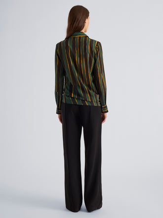 Proenza Schouler Back full length image of model wearing Meret Top in Printed Stretch Silk Georgette in Black Multi