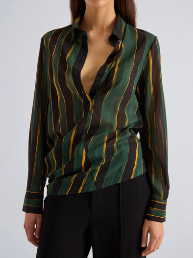 Proenza Schouler Detail image of model wearing Meret Top in Printed Stretch Silk Georgette in Black Multi