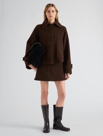 Proenza Schouler Front full length image of model wearing Clarice Skirt in Casentino Wool in Dark Brown