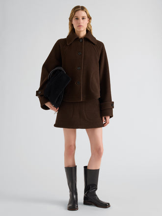 Proenza Schouler Front full length image of model wearing Clarice Skirt in Casentino Wool in Dark Brown