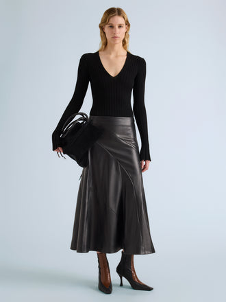 Proenza Schouler Front full length image of model wearing Kenza Skirt in Nappa Leather in Black