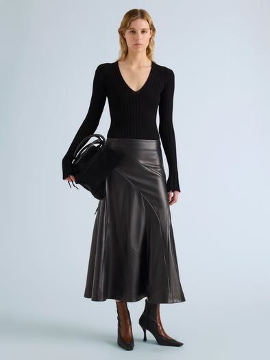 Proenza Schouler Front full length image of model wearing Kenza Skirt in Nappa Leather in Black