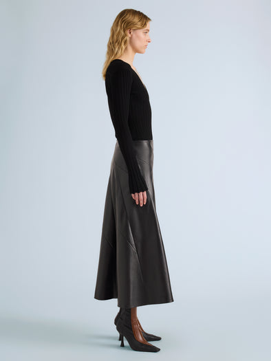 Proenza Schouler Side full length image of model wearing Kenza Skirt in Nappa Leather in Black