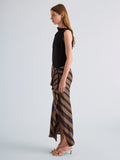 Proenza Schouler Side full length image of model wearing Cella Skirt in Printed Crepe Twill in Bronze Multi