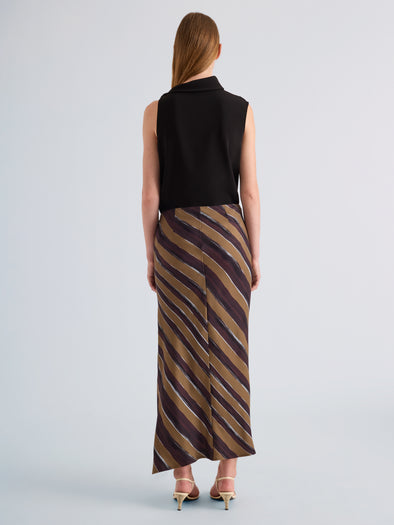 Proenza Schouler Back full length image of model wearing Cella Skirt in Printed Crepe Twill in Bronze Multi