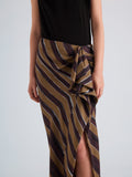 Proenza Schouler Detail image of model wearing Cella Skirt in Printed Crepe Twill in Bronze Multi