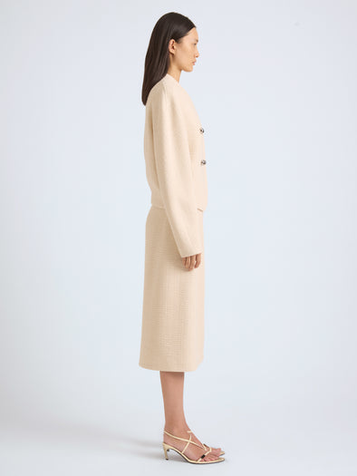 Proenza Schouler Side full length image of model wearing Lorna Skirt in Striated Suiting in Ecru