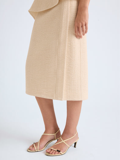 Proenza Schouler Detail image of model wearing Lorna Skirt in Striated Suiting in Ecru