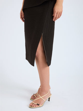 Proenza Schouler Detail image of model wearing Lorna Skirt in Striated Suiting in Black