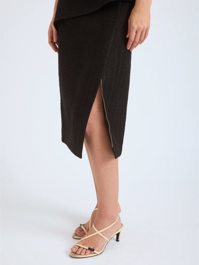 Proenza Schouler Detail image of model wearing Lorna Skirt in Striated Suiting in Black