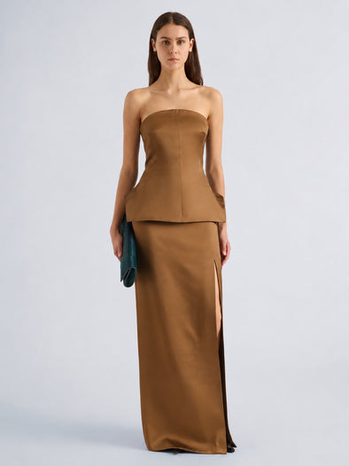 Proenza Schouler Front full length image of model wearing Margot Skirt in Viscose Satin in Bronze