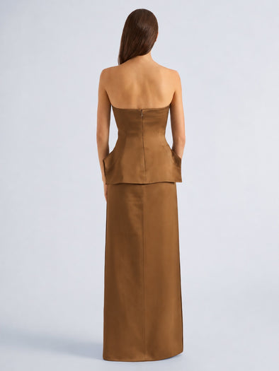 Proenza Schouler Back full length image of model wearing Margot Skirt in Viscose Satin in Bronze