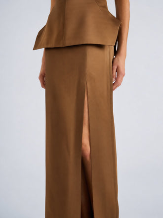 Proenza Schouler Detail image of model wearing Margot Skirt in Viscose Satin in Bronze