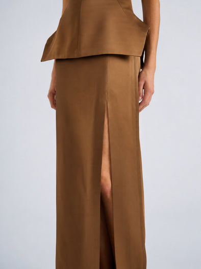 Proenza Schouler Detail image of model wearing Margot Skirt in Viscose Satin in Bronze