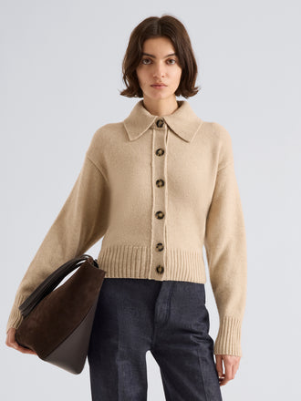 Proenza Schouler Front cropped image of model wearing Rocio Cardigan in Cashmere in Beige