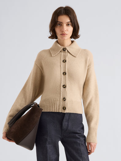 Proenza Schouler Front cropped image of model wearing Rocio Cardigan in Cashmere in Beige
