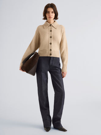 Proenza Schouler Front full length image of model wearing Rocio Cardigan in Cashmere in Beige