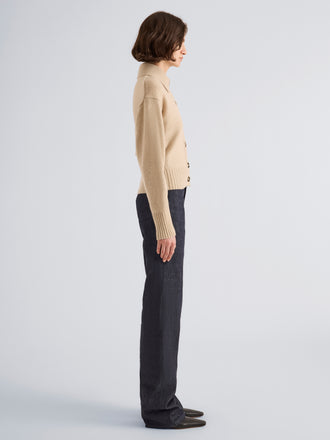 Proenza Schouler Side full length image of model wearing Rocio Cardigan in Cashmere in Beige