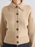 Proenza Schouler Detail image of model wearing Rocio Cardigan in Cashmere in Beige
